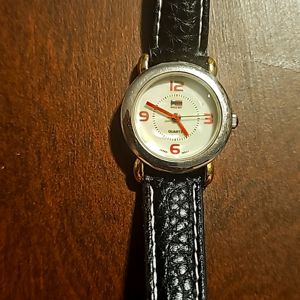 Bugle Boy Designer Ladies Watch, Vintage B.B. 1977, Black Leather Strap, Stainle